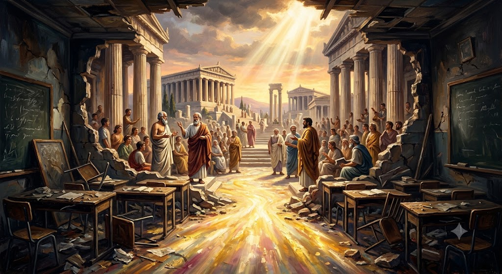 Ilustração em estilo pintura a óleo digital dividida em dois contrastes. Ao fundo, uma antiga ágora grega com colunas de mármore sob um céu claro, evocando a era de Sócrates. No primeiro plano, uma sala de aula moderna e escura se abre, dando lugar a um caminho que brilha intensamente com uma luz dourada e calorosa. Essa luz simboliza a esperança e um futuro promissor para a educação.