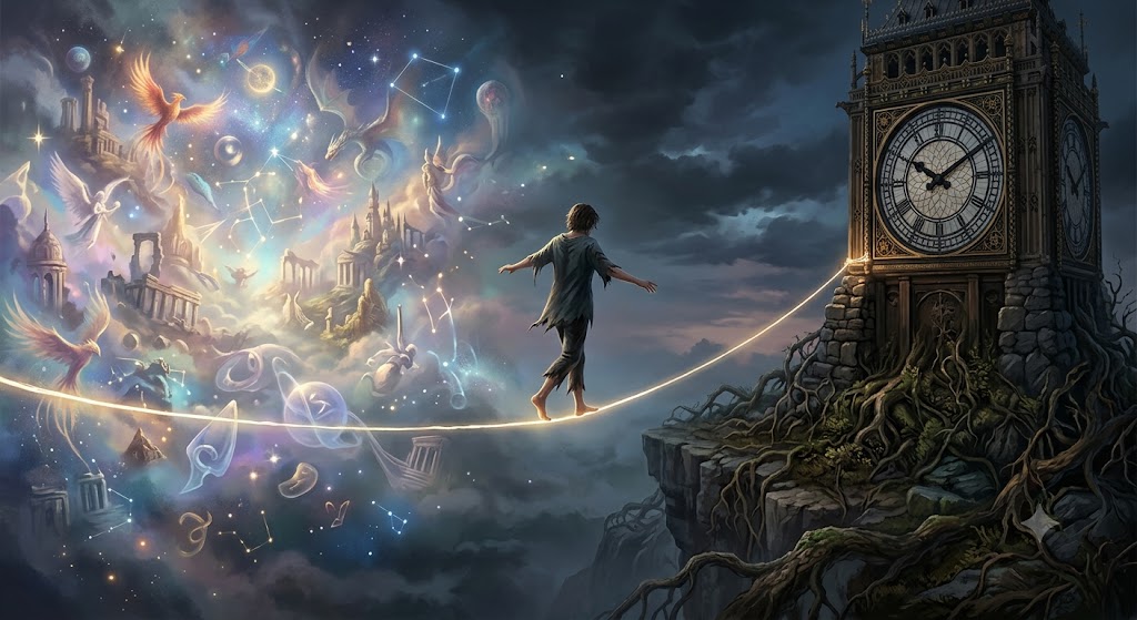 Ilustração conceitual em estilo surrealista mostrando uma pessoa equilibrada sobre uma linha tênue, com relógios antigos flutuando ao fundo.