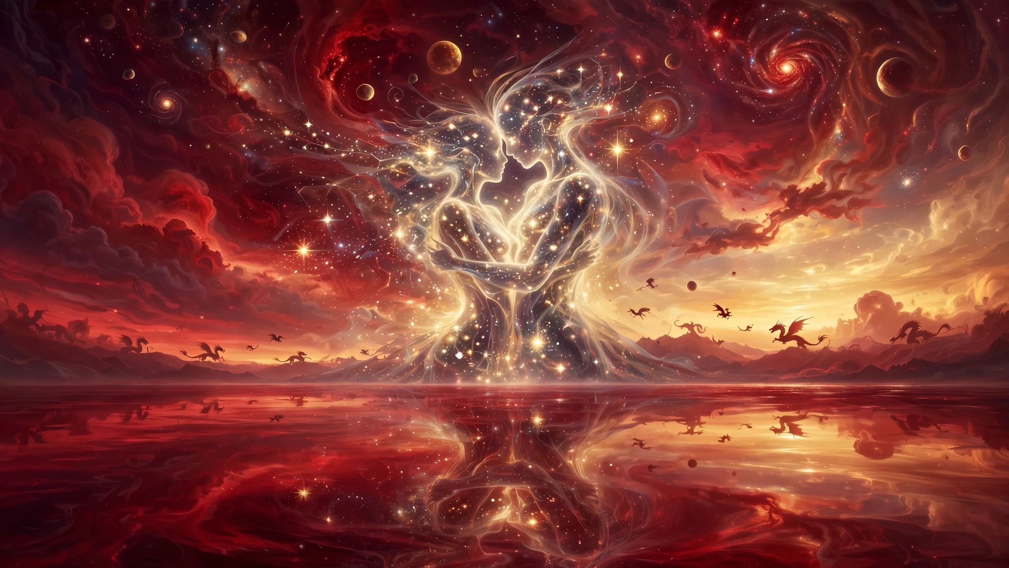 Ilustração digital e fantástica mostrando duas figuras humanas luminescentes, feitas de luz dourada e estrelas brilhantes, abraçando-se amorosamente no centro da cena. A paisagem ao fundo é cósmica e surreal, em tons predominantes de vermelho, laranja e dourado, com planetas, nebulosas, galáxias espirais e silhuetas de dragões voando sobre uma superfície de água cristalina que reflete o abraço de luz.