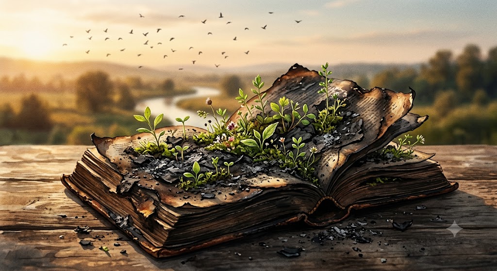 Ilustração editorial poética em um tom acolhedor de fim de tarde. Em primeiro plano, um livro antigo impresso repousa aberto sobre uma mesa de madeira envelhecida. Suas páginas estão parcialmente queimadas e com bordas carbonizadas, compostas por cinzas e pedaços de carvão. Do centro das cinzas e das páginas queimadas, brotam delicadamente pequenas plantas verdes e brotos com minúsculas flores. Ao fundo, banhada pela luz dourada e suave do pôr do sol, há uma paisagem natural desfocada com colinas, um rio e um bando de pássaros voando pelo céu, transmitindo uma sensação de renascimento e resiliência.