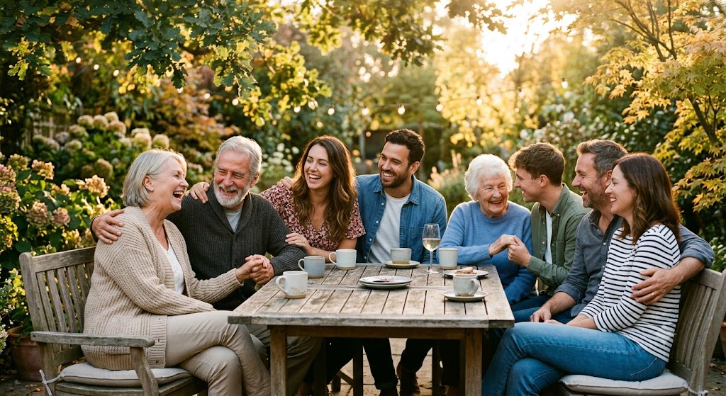 Fotografia cinematográfica e acolhedora de um grupo diversificado e multigeracional de oito pessoas reunido ao redor de uma mesa de madeira em um jardim iluminado pela luz dourada do final da tarde. O grupo inclui casais, idosos, adultos e jovens conversando, rindo e demonstrando afeto com abraços e mãos dadas. Ao fundo, árvores e folhagens desfocadas filtram os raios de sol, criando uma atmosfera calorosa e autêntica de conexão humana.