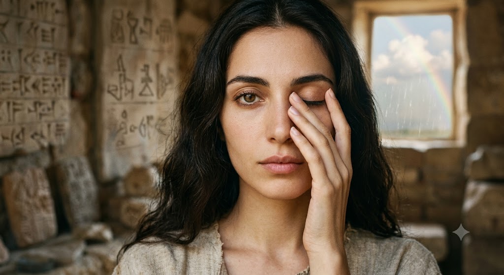 Primo piano fotografico e artistico di un volto. Dita affusolate ed eleganti sono adagiate delicatamente su palpebre socchiuse, lasciando intravedere uno sguardo profondo. Sullo sfondo sfocato, la luce si trasforma delicatamente da un'atmosfera di pioggia e nuvole leggere alla comparsa di un accenno di arcobaleno."
