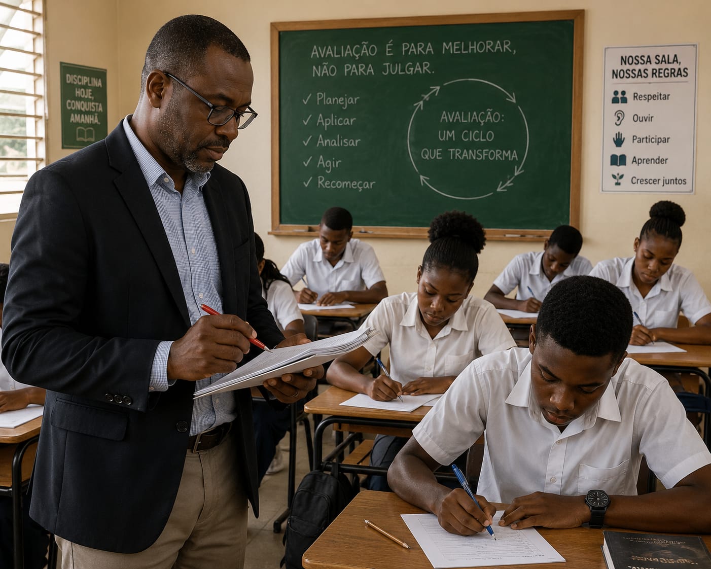 Professor corrige avaliações enquanto circula entre os alunos, que realizam uma prova em sala de aula. Ao fundo, um quadro destaca a mensagem “Avaliação é para melhorar, não para julgar”, reforçando a ideia de que a avaliação faz parte de um processo contínuo de aprendizagem, planejamento, análise e aperfeiçoamento. O ambiente escolar transmite concentração, disciplina e compromisso com a educação.