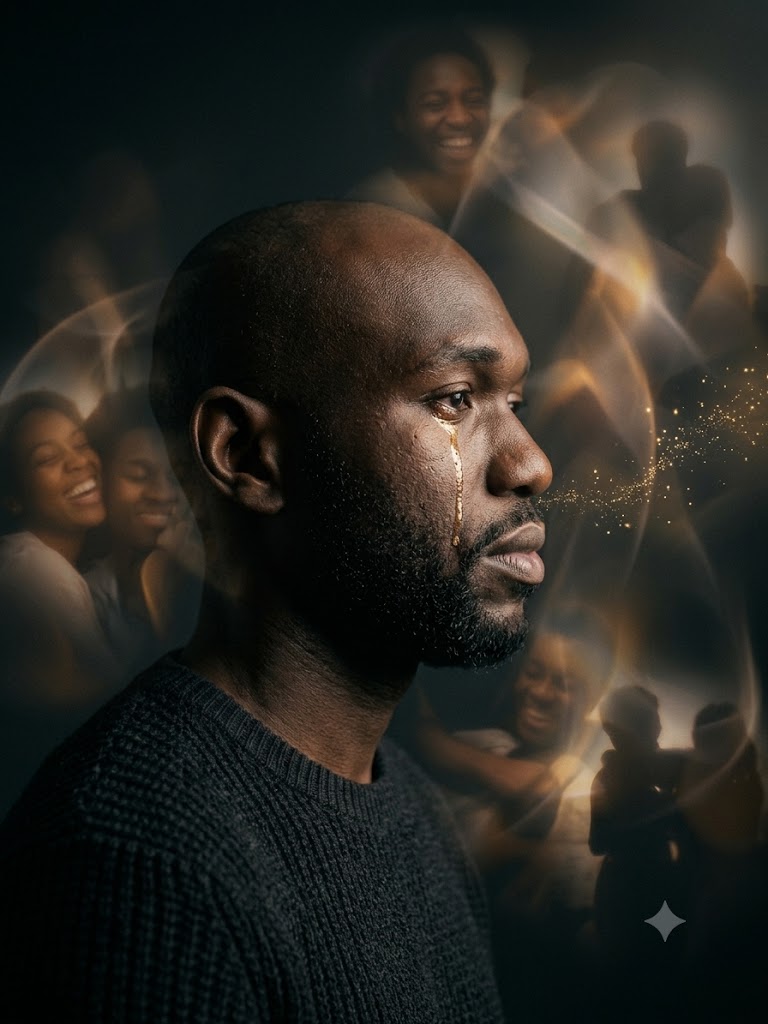 Fotografia conceitual com iluminação suave e dramática de uma pessoa de perfil, com expressão de profunda saudade. Uma lágrima translúcida escorre por seu rosto, transformando-se sutilmente em partículas de luz dourada que flutuam no ar. Ao fundo, formas abstratas e translúcidas sugerem sorrisos e memórias afetuosas do passado, criando um contraste poético entre a tristeza e o conforto.
