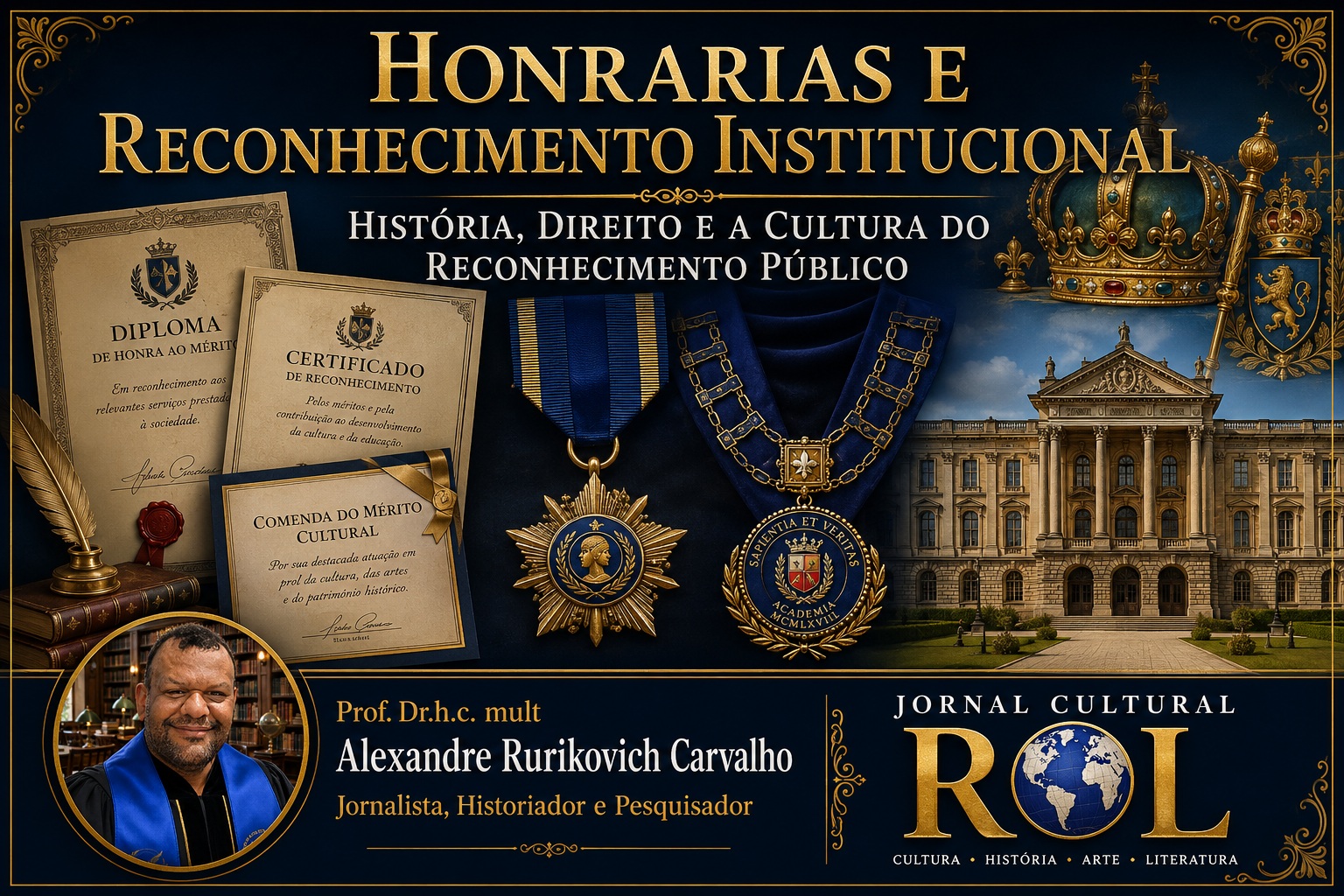 Uma viagem pela história, pelo direito e pela cultura do reconhecimento institucional, revelando a evolução das honrarias como instrumentos de valorização do mérito e preservação da memória. A composição reúne símbolos da realeza, condecorações, certificados e o ambiente acadêmico, representando a tradição e a excelência das distinções honoríficas. Na parte inferior, o autor Alexandre Rurikovich Carvalho reafirma seu compromisso com a pesquisa histórica e jurídica sobre o tema. Arte produzida para ilustrar o artigo publicado no Jornal Cultural ROL. Imagem criada por IA.
