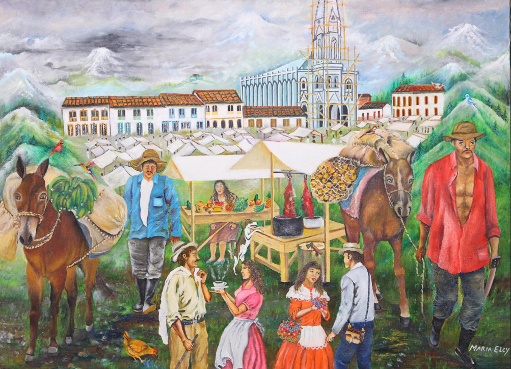 Título: Sevilla, 1938.  Técnica : Óleo sobre lienzo. Dimensiones: 87 x 264 cm. Año: 2023. Autora: María Elcy Ramirez Cuartas. Cortesía. 