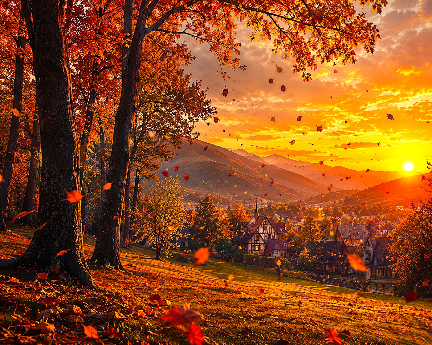 Paisagem outonal, com folhas ao vento