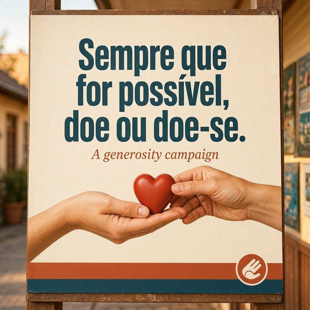 Imagem de um pôster em papel de tom amarelado, com o título em letras grandes e escuras: "Sempre que for possível, doe ou doe-se". Logo abaixo, a frase menor "A generosity campaign" (Uma campanha de generosidade). Abaixo das frases, duas mãos se aproximam para segurar juntas um coração vermelho e tridimensional.