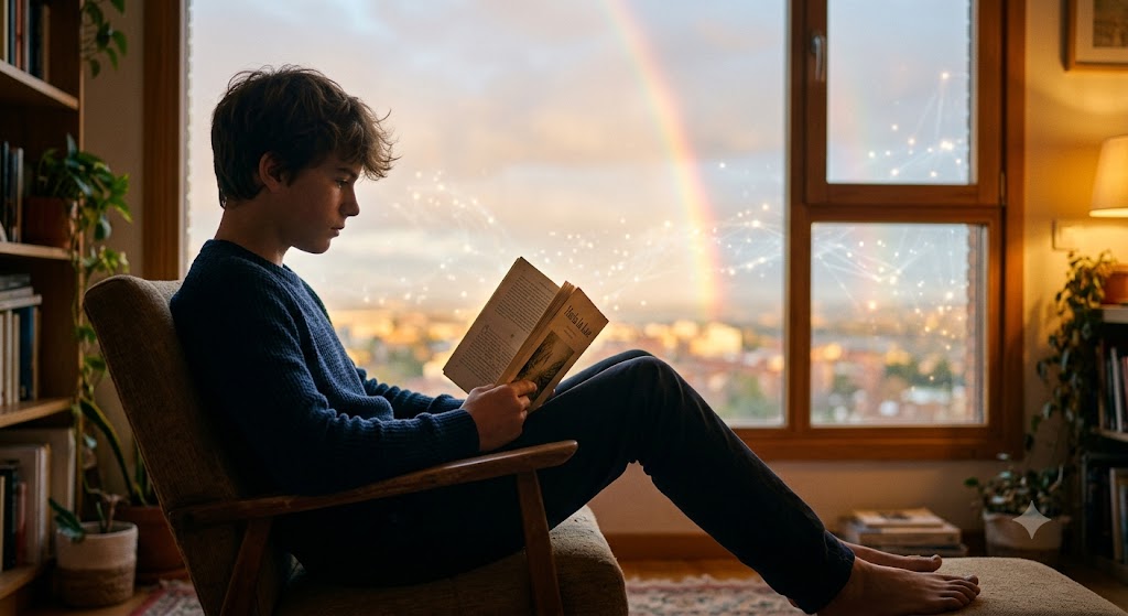 Un joven lee un libro junto a una ventana con luces digitales y un arcoíris al fondo, simbolizando el futuro y la tecnología.