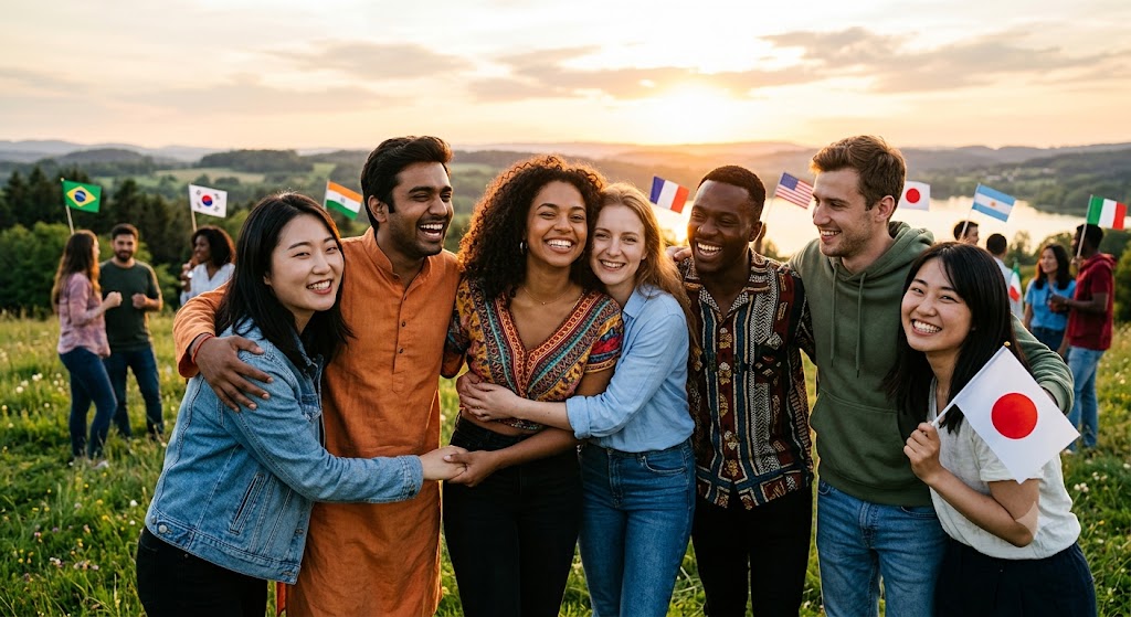 Fotografia de um grupo diversificado de jovens adultos de diferentes nacionalidades e etnias, sorrindo e abraçados ao ar livre durante o pôr do sol em um campo verde. No fundo e nas mãos de alguns, há pequenas bandeiras de diversos países, como Brasil, Japão, França, Índia e Estados Unidos. A atmosfera é de união, alegria e celebração da amizade global, sem nenhum texto escrito sobre a imagem.