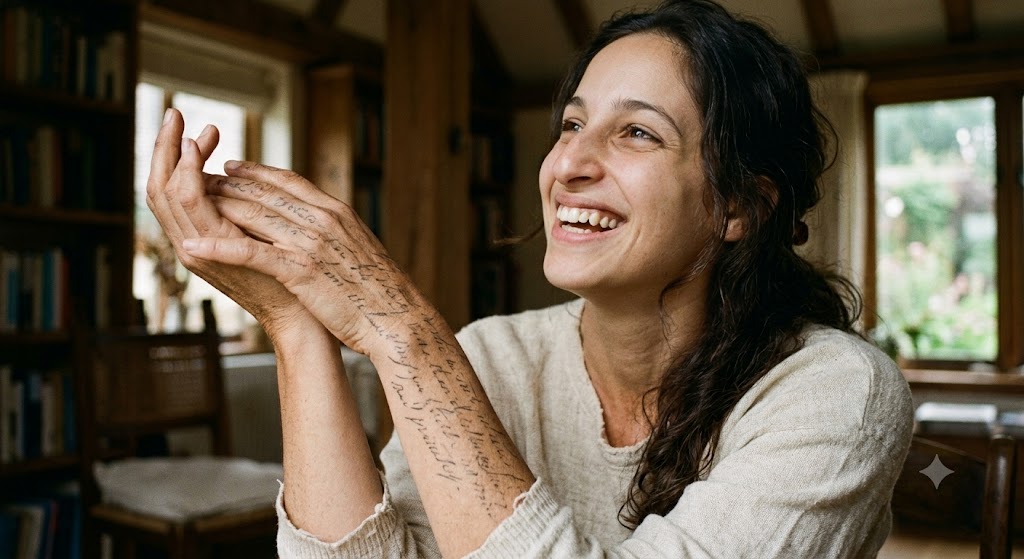Fotografia em plano médio de uma jovem mulher sorridente, inspirada na foto fornecida, sentada em um ambiente aconchegante com estantes de livros ao fundo. Ela está com a cabeça levemente inclinada para o lado, exibindo um sorriso radiante e olhar sonhador. Suas mãos e antebraços estão entrelaçados em um gesto suave; em sua pele, linhas delicadas de escrita poética cursiva parecem fundir-se gradualmente ao seu corpo, transmitindo a ideia de poesia sendo absorvida. A iluminação é suave e natural, criando uma atmosfera artística e acolhedora.