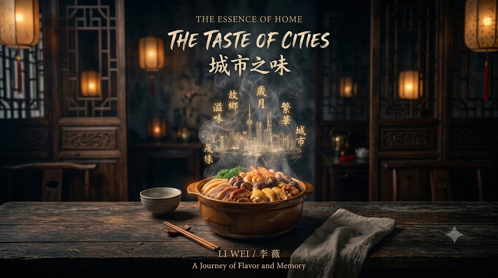 Imagem conceitual e literária mostrando uma panela de barro com o prato tradicional Poon Choi fumegante sobre uma mesa escura. Do vapor que sobe do alimento, emergem caracteres da caligrafia chinesa e linhas abstratas que sugerem o contorno dos prédios de uma cidade grande. A iluminação é dramática e foca no prato, deixando o fundo sombrio e reflexivo, transmitindo uma atmosfera de melancolia e profundidade artística.