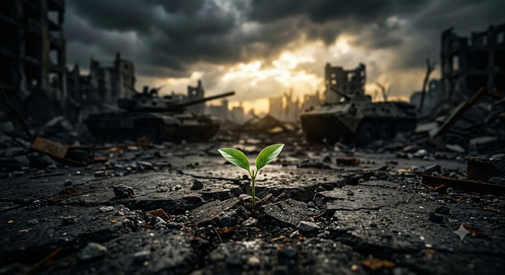 Broto de planta verde nascendo em solo rachado e destruído pela guerra, com silhuetas sombrias ao fundo e raios de sol dourados rompendo as nuvens escuras.
