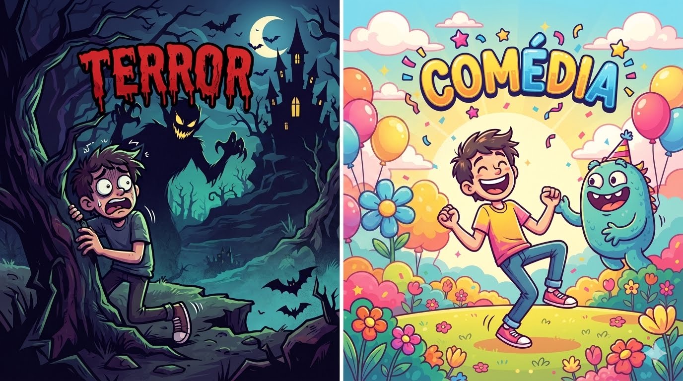 Ilustração dividida mostrando o contraste entre um cenário de terror e uma festa de comédia para resenha do filme Obsessão no Jornal ROL