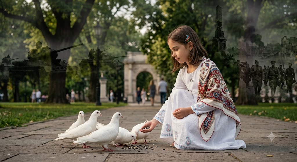 Uma pintura digital artística e surreal. Em um parque urbano, uma menina vestida de branco radiante estende as mãos, repletas de sementes de girassol, cercada por pombas brancas. Ao fundo, uma das pombas tem as asas transformando-se sutilmente em uma mancha suave e abstrata de aquarela vermelha, simbolizando a memória da guerra. Iluminação dramática, forte contraste entre luz e sombra, atmosfera emotiva e poética.