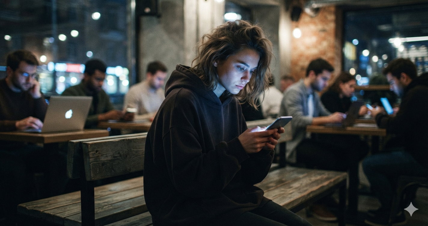 Mulher jovem sentada em um café escuro, com o rosto iluminado apenas pela tela de seu celular, cercada por outras pessoas isoladas em seus próprios dispositivos eletrônicos.