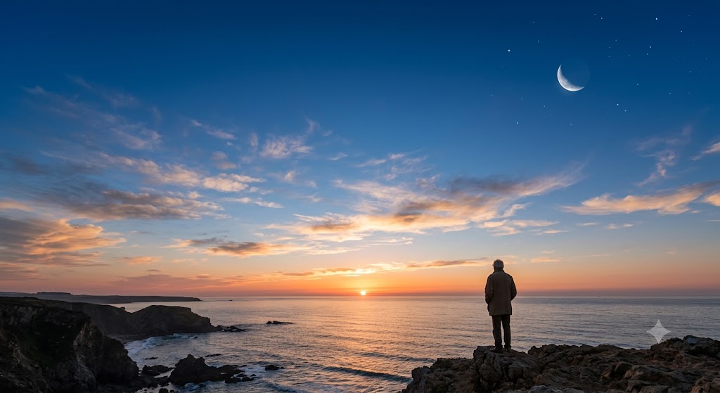 Silhueta de uma pessoa na praia observando o pôr do sol dourado e o céu azul com nuvens etéreas e uma lua crescente ao fundo.