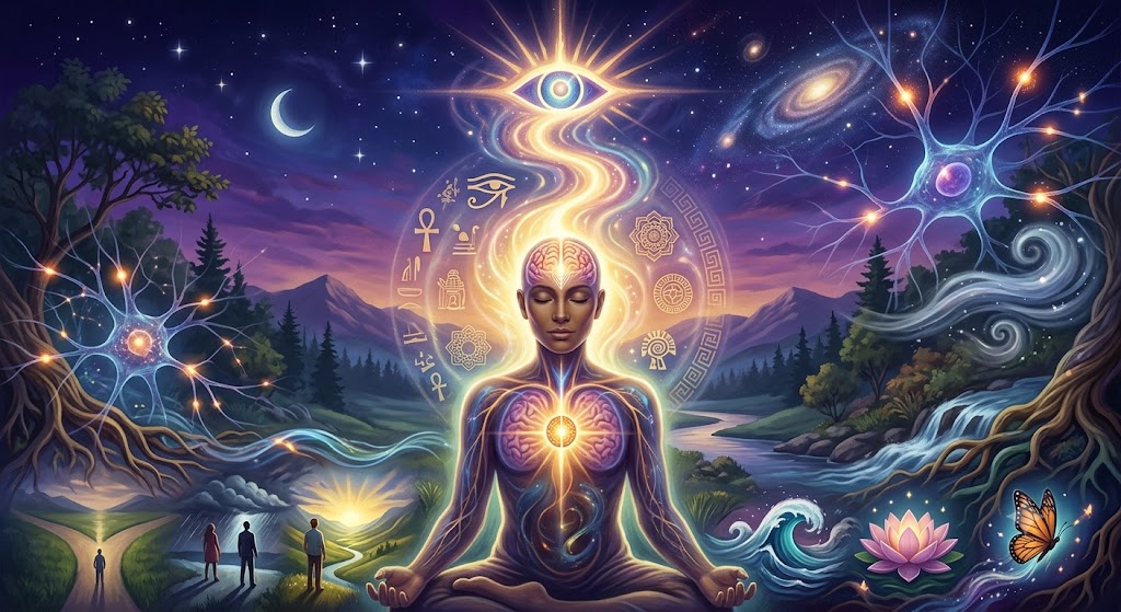 Uma representação visionária do despertar espiritual. No centro, uma figura humana em meditação irradia luz dourada, culminando em um Olho que Tudo Vê. Ela é cercada por símbolos esotéricos que evocam sabedoria universal. As laterais contrastam raízes terrenas e emoções (esquerda) com a mente universal e a interdependência (direita), simbolizada por neurônios cósmicos e galáxias. O estilo de arte visionária cria um senso de harmonia e beleza transcendental, perfeito para publicações sobre autoconhecimento
