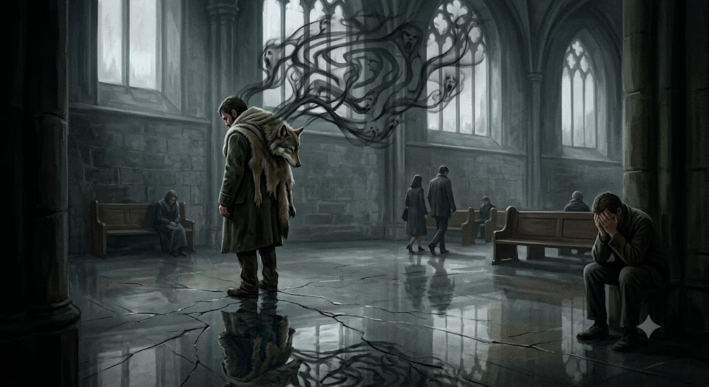 Uma ilustração digital sombria em tons de cinza mostra o interior de uma grande catedral gótica com chão de pedra rachado e reflexivo. À esquerda, um homem de casaco está de costas, com a cabeça baixa e uma pele de lobo sobre os ombros. De sua cabeça, emerge uma fumaça preta e densa que se espalha pelo ar, formando rostos fantasmagóricos e distorcidos com expressões de agonia. À direita, em primeiro plano, outro homem está sentado em um banco de madeira, com a cabeça entre as mãos em uma postura de profundo sofrimento. Ao fundo, poucas figuras distantes caminham ou sentam-se nos bancos sob grandes janelas em arco, intensificando a atmosfera de isolamento, tristeza e tormento mental.