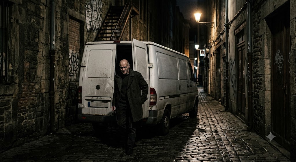 Fotografia realista em estilo cinematográfico de um beco escuro e úmido à noite. No centro, uma van branca está estacionada com as portas traseiras semiabertas. Um homem calvo, de pele muito pálida, vestindo um casaco escuro, sai de dentro da van caminhando em direção ao espectador com um sorriso sinistro no rosto, criando um clima de suspense e mistério.
