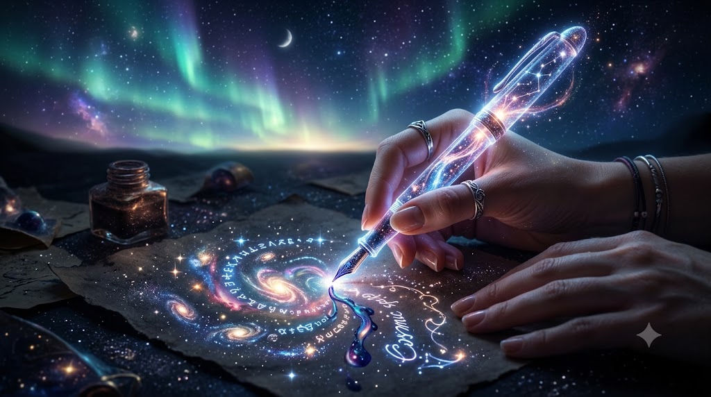 Ilustração artística e surreal de uma mão segurando uma caneta de luz estelar, escrevendo com tinta cósmica brilhante que forma pequenas galáxias e constelações em um fundo de espaço sideral.