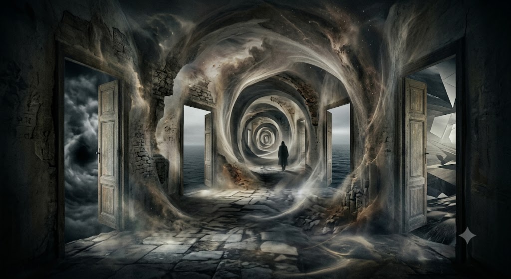 Corredor surrealista e espiralado em tons escuros e enevoados. Suas paredes de pedra parecem se dissolver como fumaça. Ao longo do corredor, portas de madeira estão abertas, revelando paisagens impossíveis: céus tempestuosos sem estrelas e mares calmos sob um horizonte sem fim. Ao fundo, uma figura solitária caminha em direção ao centro da espiral.