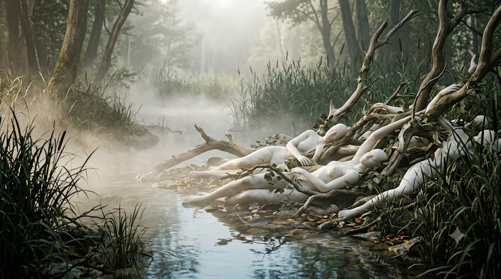 Cena surreal e poética em tomadas cinematográficas de figuras humanas em tom alabastro misturando-se suavemente a galhos de árvores. Elas jazem em paz na margem de um rio raso e enevoado, cercadas por juncos altos. A iluminação suave da manhã cria uma atmosfera serena e enevoada com tons terrosos de verde, bege e reflexos sutis na água.