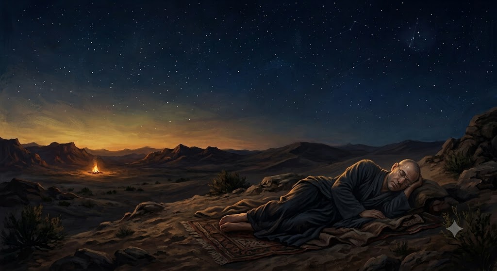 Ilustração poética e melancólica de um homem deitado sob um céu desértico e estrelado. Elementos visuais mesclam calor equatorial e uma quietude azulada com uma fogueira distante, transmitindo solidão e abrigo.