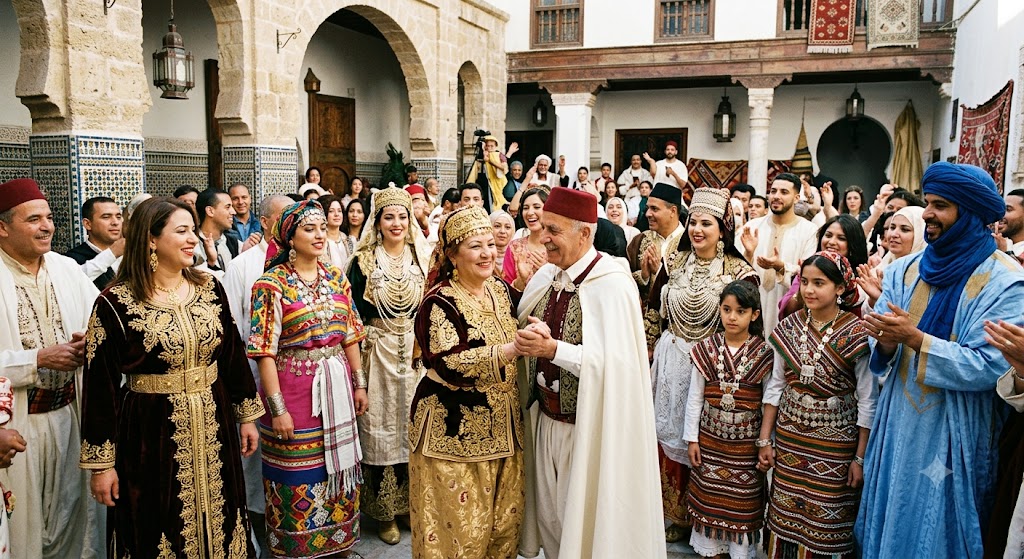 Fotografia em plano médio de uma celebração cultural alusiva à Argélia, realizada no pátio interno de um casarão de arquitetura mourisca com paredes claras e azulejos decorados. Diversas pessoas de várias idades vestem trajes tradicionais de diferentes regiões do país. Em primeiro plano, ao centro, um homem idoso de capa clara (burnous) e gorro vermelho (fez) sorri ao dar as mãos a uma mulher de casaco marrom bordado a ouro (karakou) e calças douradas. À esquerda, pessoas usam trajes ricos em bordados e joias de prata, incluindo vestidos da Cabília de listras coloridas. À direita, destacam-se uma jovem e uma garota com trajes tradicionais e joias na testa, além de um homem com túnica e turbante azul-vivo (tagelmust), típico do povo Tuaregue do Saara. Ao fundo, uma multidão sorri e aplaude sob galerias e varandas ornamentadas.