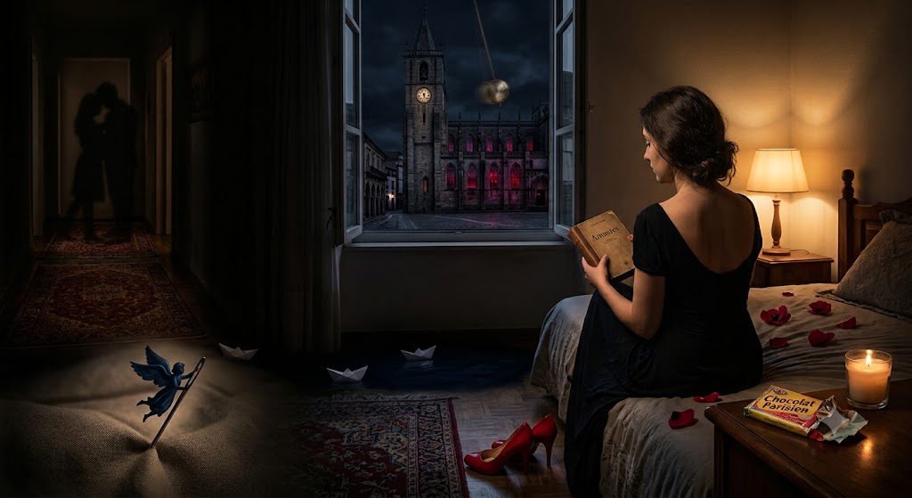 Ilustração artística e surrealista representando a noite personificada como uma mulher misteriosa caminhando por um labirinto de concreto escuro. Ela calça sapatos vermelhos de salto alto que contrastam com as sombras ao redor. No fundo, destacam-se a silhueta de um relógio de catedral antiga e uma iluminação poética em tons de azul escuro e vermelho.
