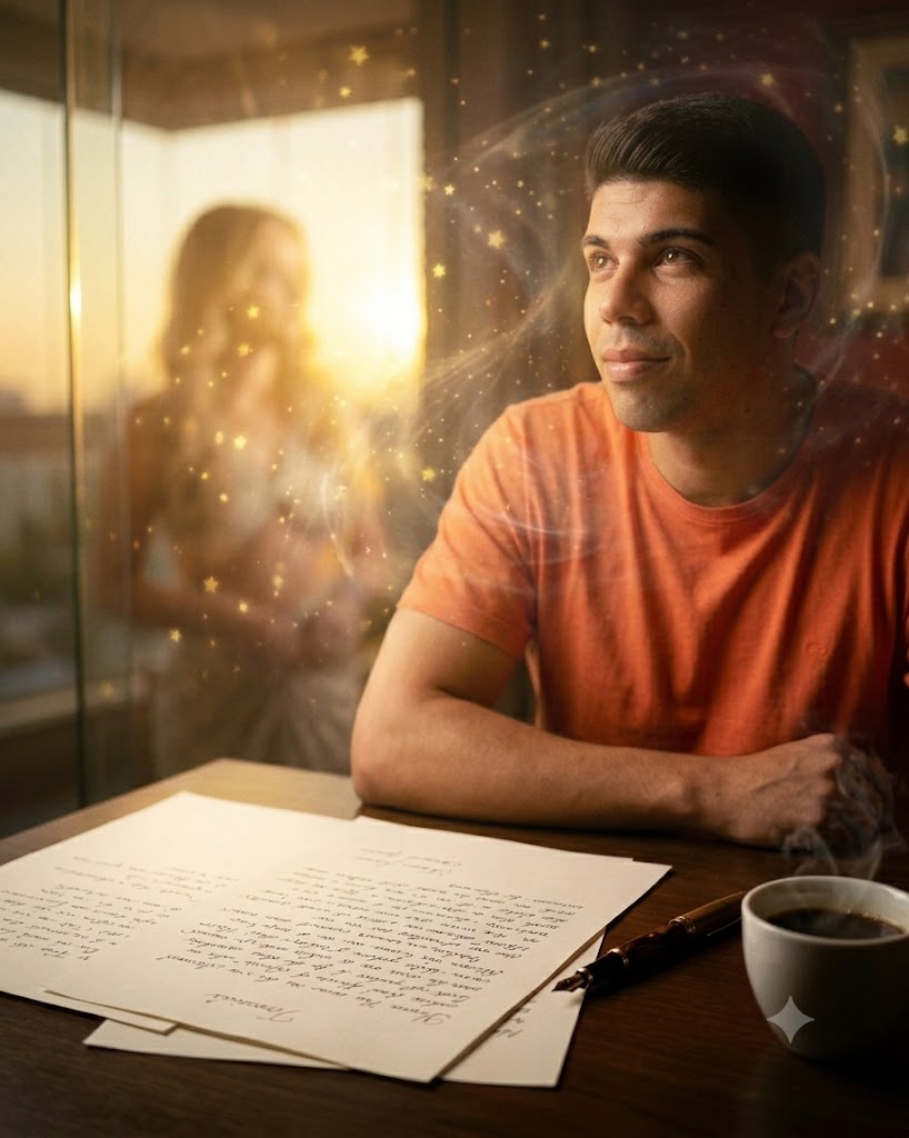 Fotografia editorial e intimista em close-up mostrando folhas de papel manuscritas com uma caneta-tinteiro clássica ao lado de uma xícara de café fumegante. Os objetos estão sobre uma mesa de madeira escura, iluminados pela luz dourada e suave de um entardecer que entra por uma janela ao fundo."