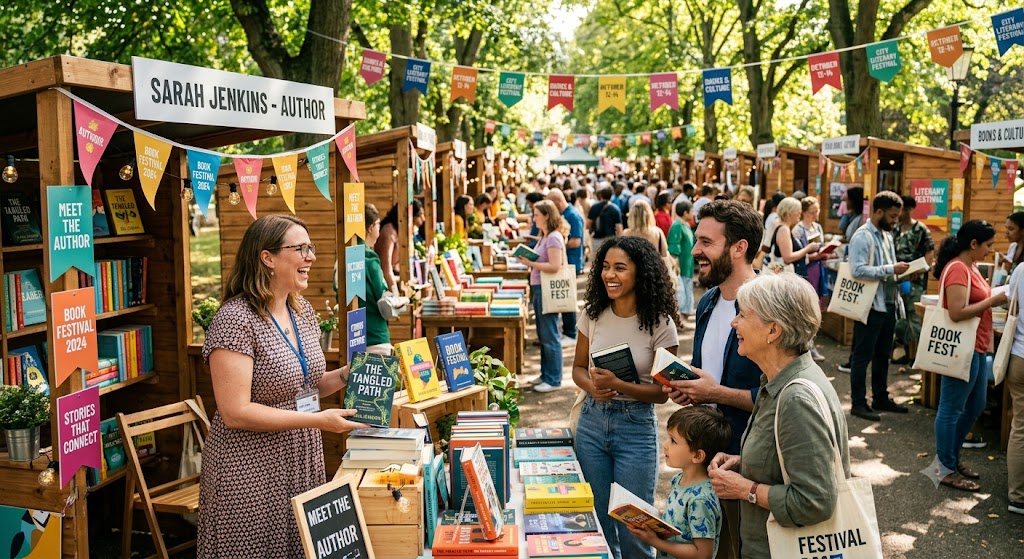 Fotografia de uma feira literária ao ar livre com público diversificado caminhando entre bancas repletas de livros coloridos sob a sombra de árvores em um dia ensolarado.