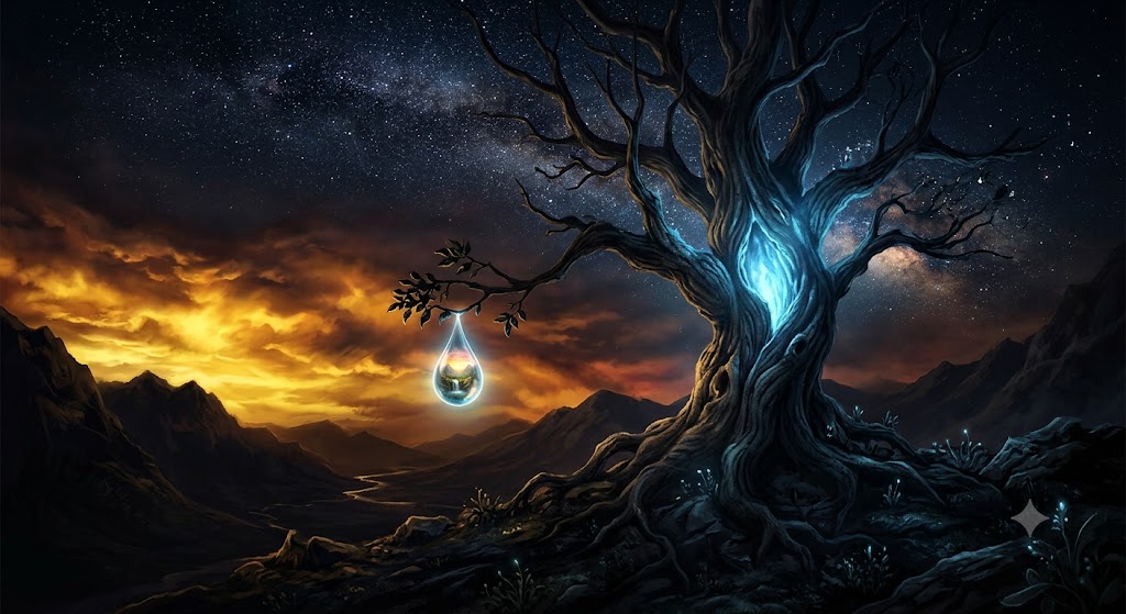 Pintura digital surrealista de uma árvore antiga sob um céu noturno estrelado. Do tronco da árvore, emana uma suave luz azul. Ao fundo, um crepúsculo dourado contrasta com sombras profundas. Uma gota d'água brilhante cai de uma folha, refletindo um paraíso distante. A atmosfera é poética e melancólica.