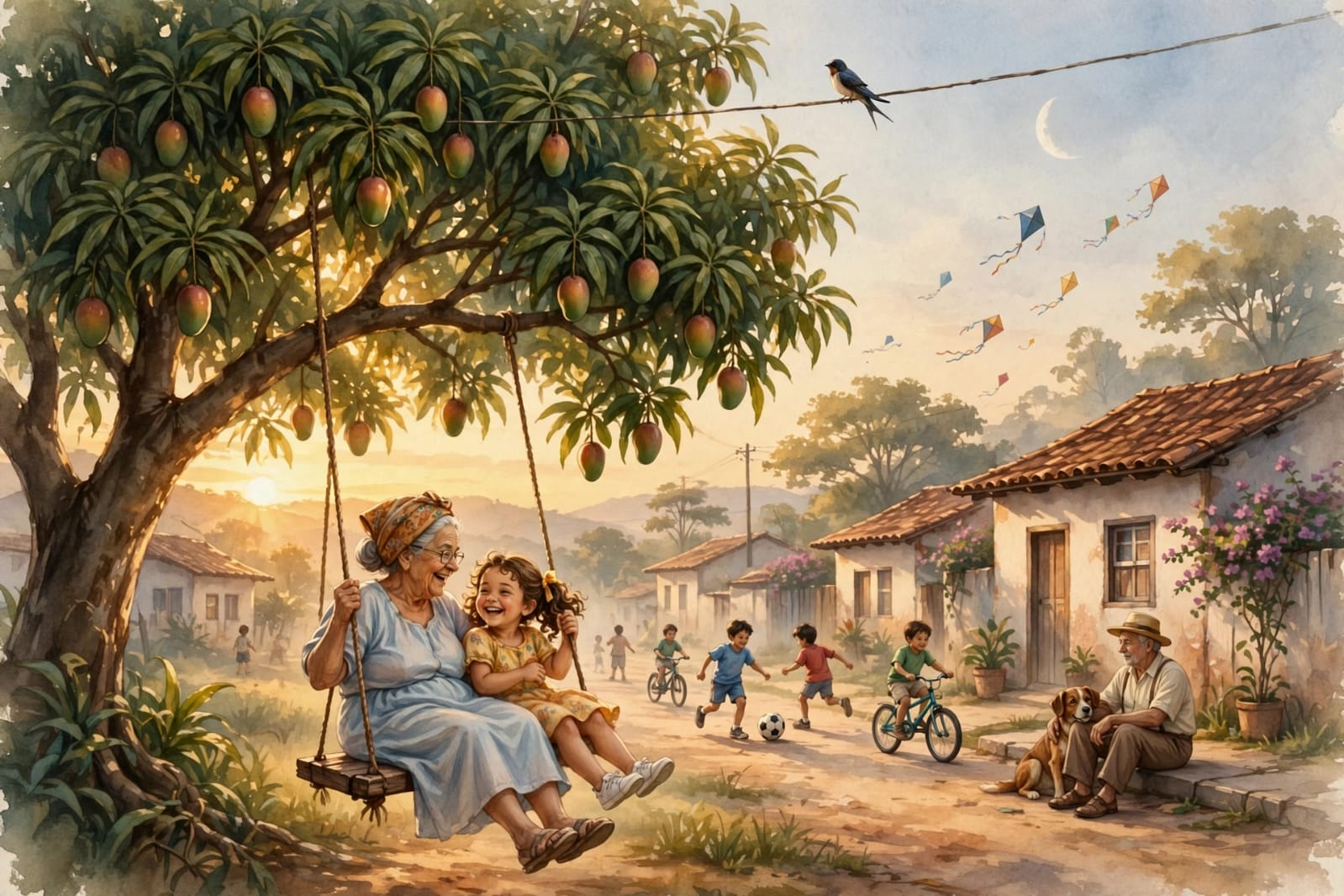 Ilustração em estilo aquarela retratando uma cena bucólica ao pôr do sol em um vilarejo rural. Em primeiro plano, à esquerda, sob a copa de uma grande mangueira carregada de frutos, uma avó idosa usando lenço na cabeça e vestido azul balança sorridente ao lado de sua neta, uma garotinha de vestido amarelo. Na rua de terra ao centro, crianças brincam livremente, jogando bola e andando de bicicleta. Pipas coloridas cortam o céu em tons pastéis perto de uma lua crescente. À direita, um senhor de chapéu de palha descansa na calçada de uma casa simples de telhas, acariciando um cachorro.