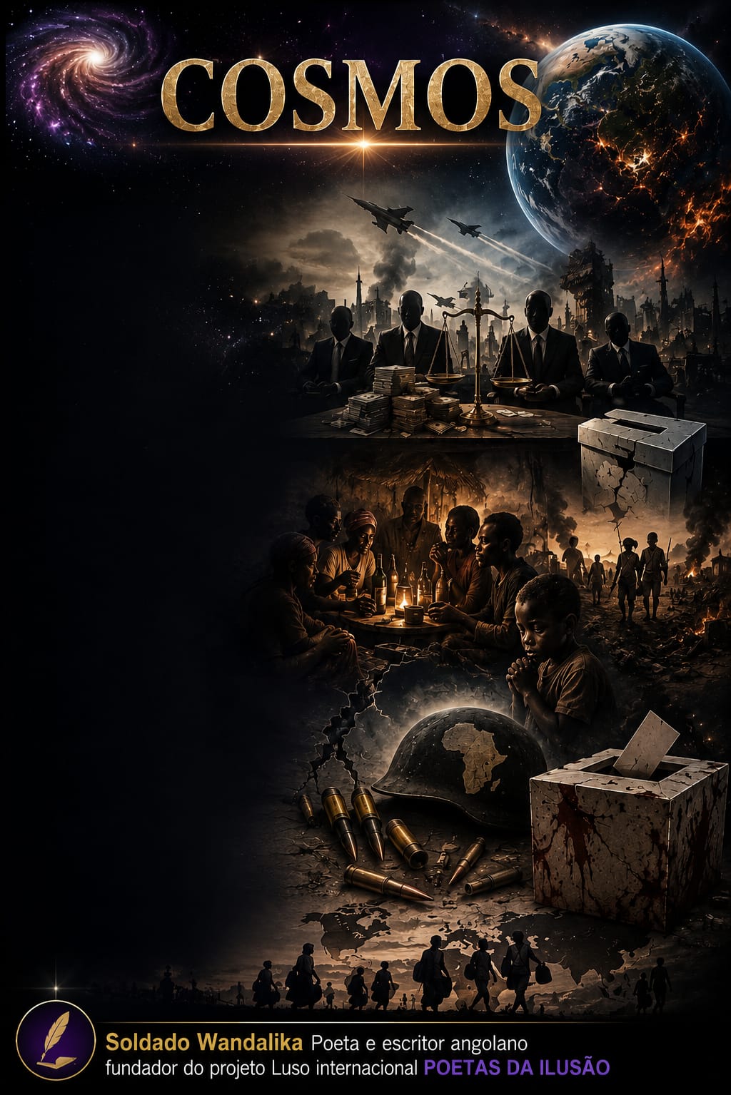 Ilustração digital com a palavra “COSMOS” sobre um céu estrelado, uma galáxia e o planeta Terra. A composição reúne cenas de guerra, destruição e desigualdade: líderes diante de dinheiro e da balança da justiça, cidade em ruínas, famílias afetadas pelo conflito, uma criança em oração, refugiados caminhando, um capacete com o mapa da África, munições e uma urna de votação danificada. No rodapé, aparece a identificação do poeta angolano Soldado Wandalika, fundador do projeto Poetas da Ilusão. A obra contrapõe a imensidão do universo às consequências dos conflitos e das injustiças humanas.