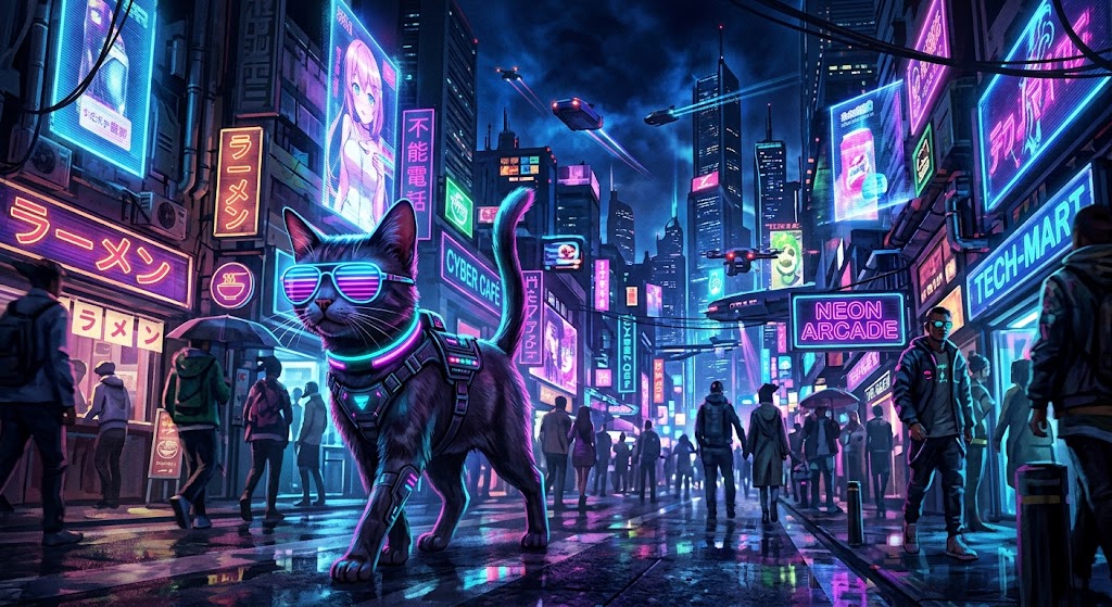A digital illustration of a cool cat with glowing neon glasses walking in a bright futuristic cyberpunk city at night.