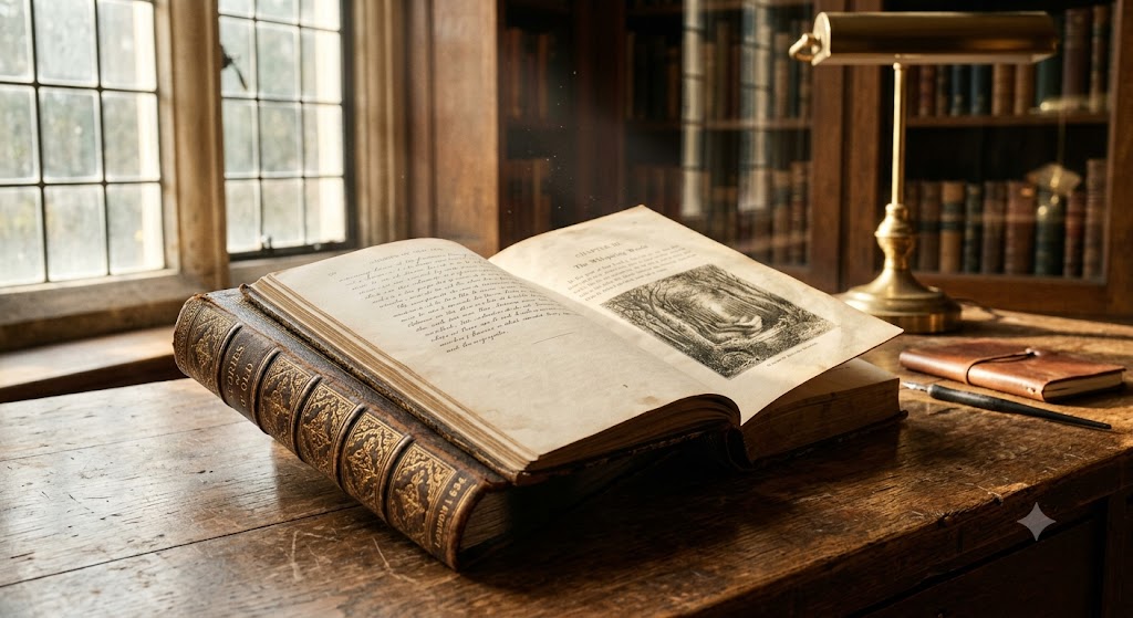 "Un antico libro aperto con dettagli in filigrana d'oro appoggiato su una scrivania di legno rustico in una biblioteca. La luce calda del sole filtra attraverso una finestra ad arco, illuminando i granelli di polvere nell'aria e mettendo in risalto la trama della carta ingiallita."