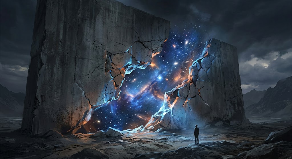 Uma parede de concreto rústico apresenta uma rachadura profunda e brilhante no centro, que se abre para revelar a imensidão de um espaço cósmico com estrelas e nebulosas. Uma pequena silhueta humana observa a fenda de longe, destacando o contraste entre a solidez da estrutura e a infinitude do abismo exposto.