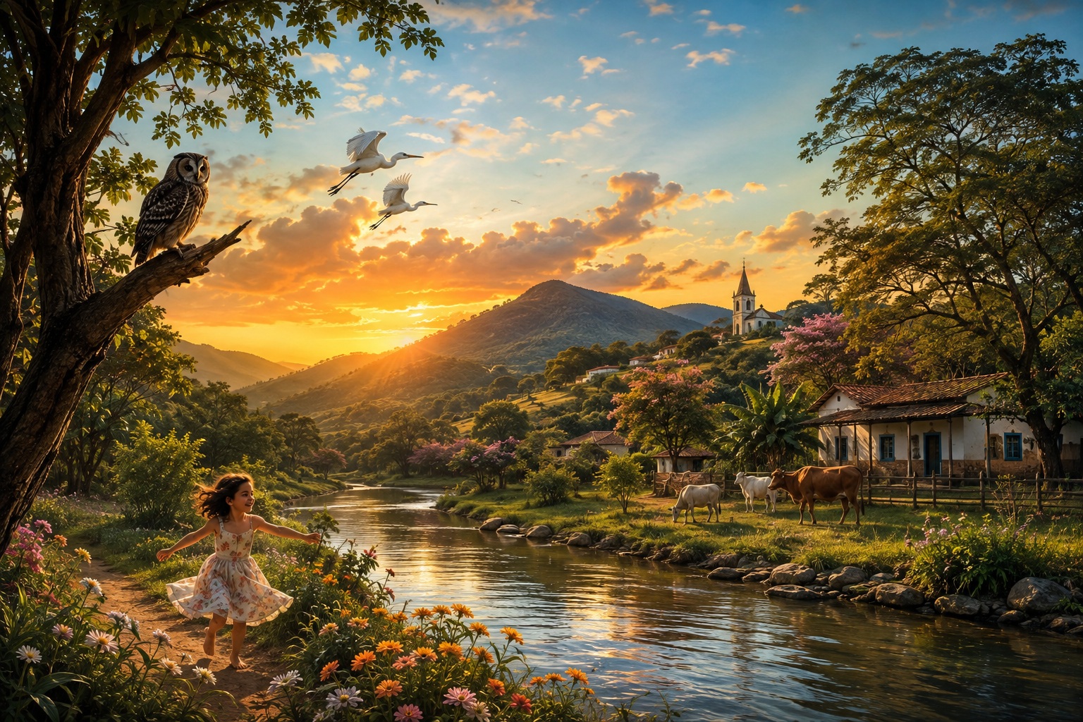 Pintura digital de uma paisagem rural ao pôr do sol. Uma menina corre alegre perto de um rio, cercada por flores e árvores. No céu dourado, garças voam perto de colinas, enquanto uma coruja observa de um galho. Na outra margem, vacas pastam perto de uma casa simples e uma pequena igreja aparece ao fundo, criando um cenário de paz.