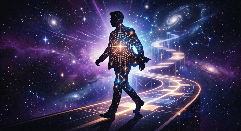 Uma arte digital em dupla exposição mostrando a silhueta de um homem caminhando por uma estrada iluminada em formato de escada. O interior da silhueta contém um labirinto de linhas brilhantes, simbolizando a busca pela identidade no poema 'Lá vou eu!'.
