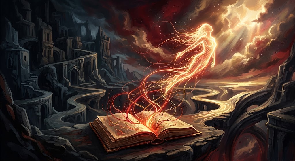 Ilustração artística digital que simboliza a força da literatura e da poesia. No primeiro plano, uma figura etérea e feminina feita de pura luz dourada emerge das páginas abertas de um livro antigo. O cenário ao fundo contrasta um labirinto de pedras escuras com um horizonte de luz celestial e nuvens dramáticas, representando a libertação da alma através da palavra escrita.