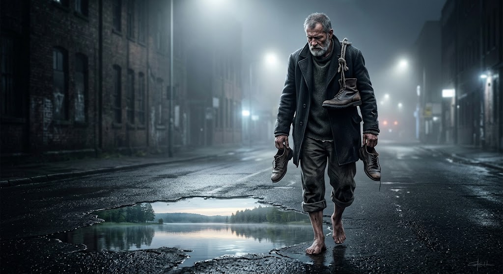 A dramatic digital painting of an old, large refugee grandfather walking barefoot on a wet city street, holding his shoes in his hands while looking at a mirage. Dark blue and gray tones, evoking exile and loneliness.