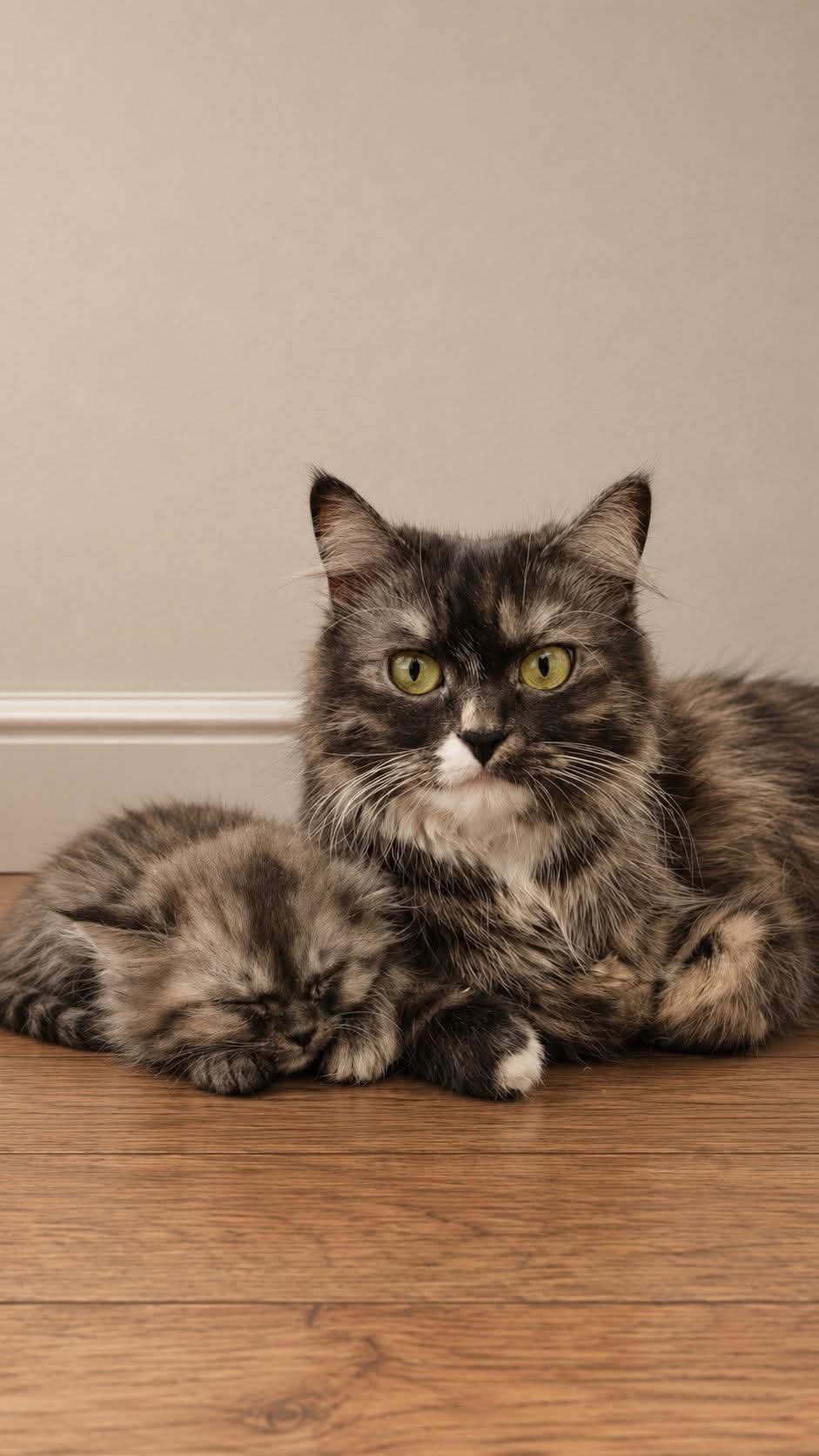 Uma gata de pelagem longa e mesclada em tons de cinza escuro, preto e branco, com olhos verdes expressivos e atentos, está deitada em um chão de madeira. Ao seu lado esquerdo, um pequeno filhote com a mesma pelagem cinza escura está encolhido e dormindo pacificamente. O fundo é uma parede cinza clara e lisa com rodapé branco, criando uma atmosfera íntima, terna e nostálgica.