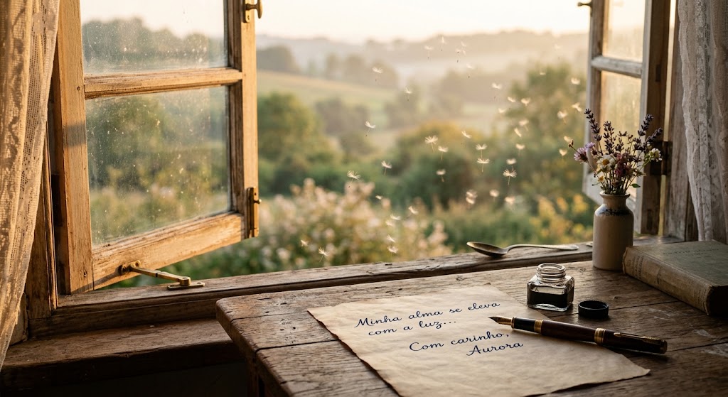 Una mesa de madera iluminada por la luz del sol que entra por una ventana abierta, con un papel en blanco y semillas de diente de león flotando al viento, simbolizando la esperanza y la resiliencia.