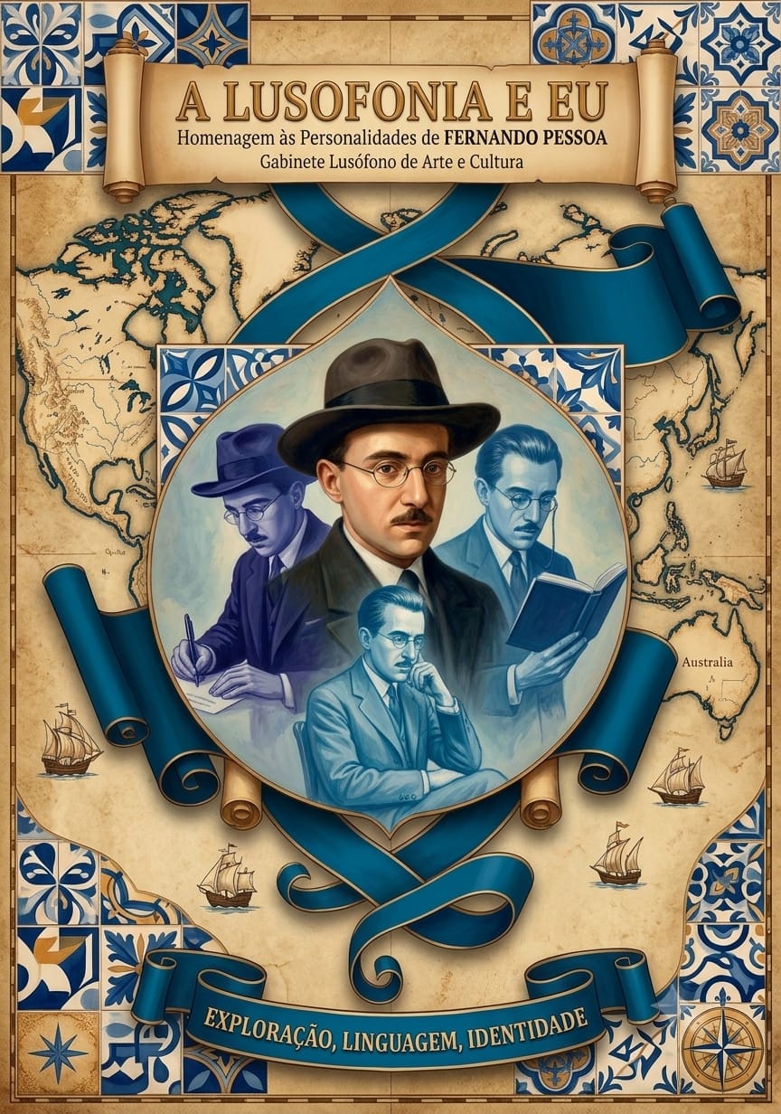 Cartaz ilustrado sobre fundo de mapa antigo e azulejos portugueses com o título "A LUSOFONIA E EU - Homenagem às Personalidades de Fernando Pessoa". No centro, quatro representações do poeta Fernando Pessoa escrevendo, lendo e contemplando. Na base, lê-se "Exploração, Linguagem, Identidade".