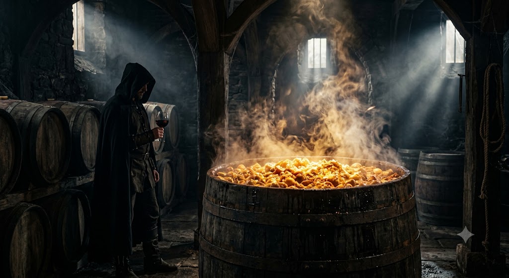 Silhouette of a man in a dark, mystical cellar holding a glass of deep red liquid under celestial light beams, next to a wooden barrel with crushed apples and magical steam.