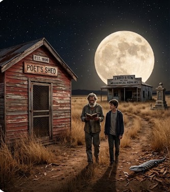 An old man reading a book and a young boy walking together along a dusty path at night under a giant full moon, passing a wooden cabin labeled "Poet's Shed." A large lizard rests on the ground in the foreground.
