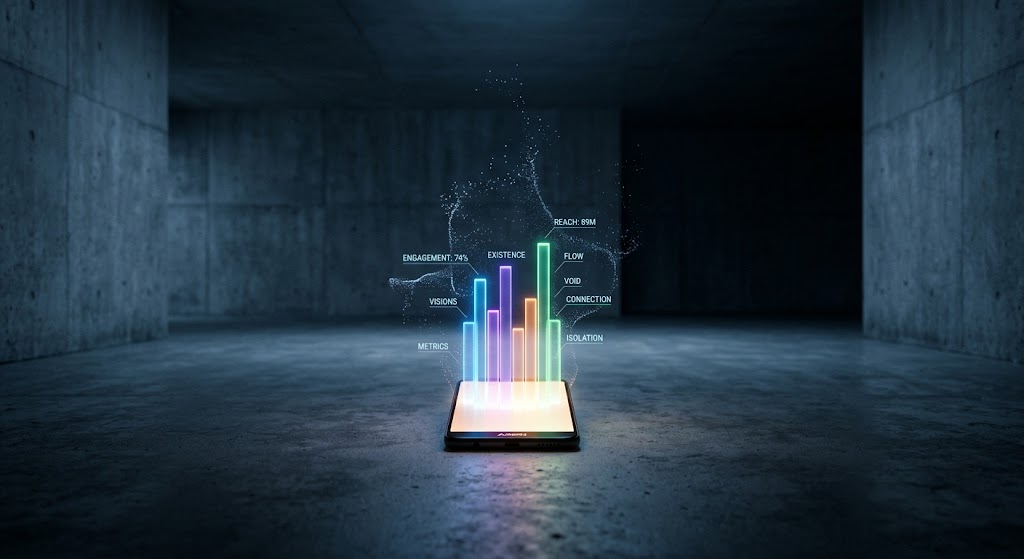 Uma arte digital conceitual e minimalista em tons de azul e cinza escuro. Ao centro, um smartphone moderno está em pé sobre uma superfície reflexiva e escura. A tela do aparelho exibe gráficos tridimensionais iluminados e métricas digitais que parecem se desmanchar no ar. O fundo é um espaço amplo e vazio com paredes de concreto e luzes frias de escritório, simbolizando a solidão na era digital e a transformação da vida em dados.