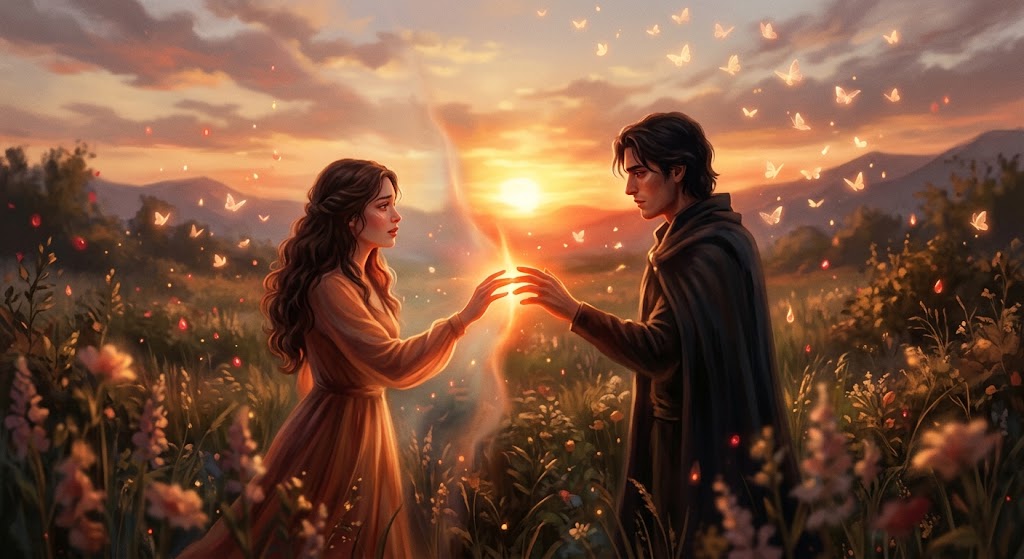 Un dipinto digitale romantico che mostra due amanti che si sfiorano con le dita, circondati da farfalle e gocce rosse sospese in un'atmosfera magica al tramonto.