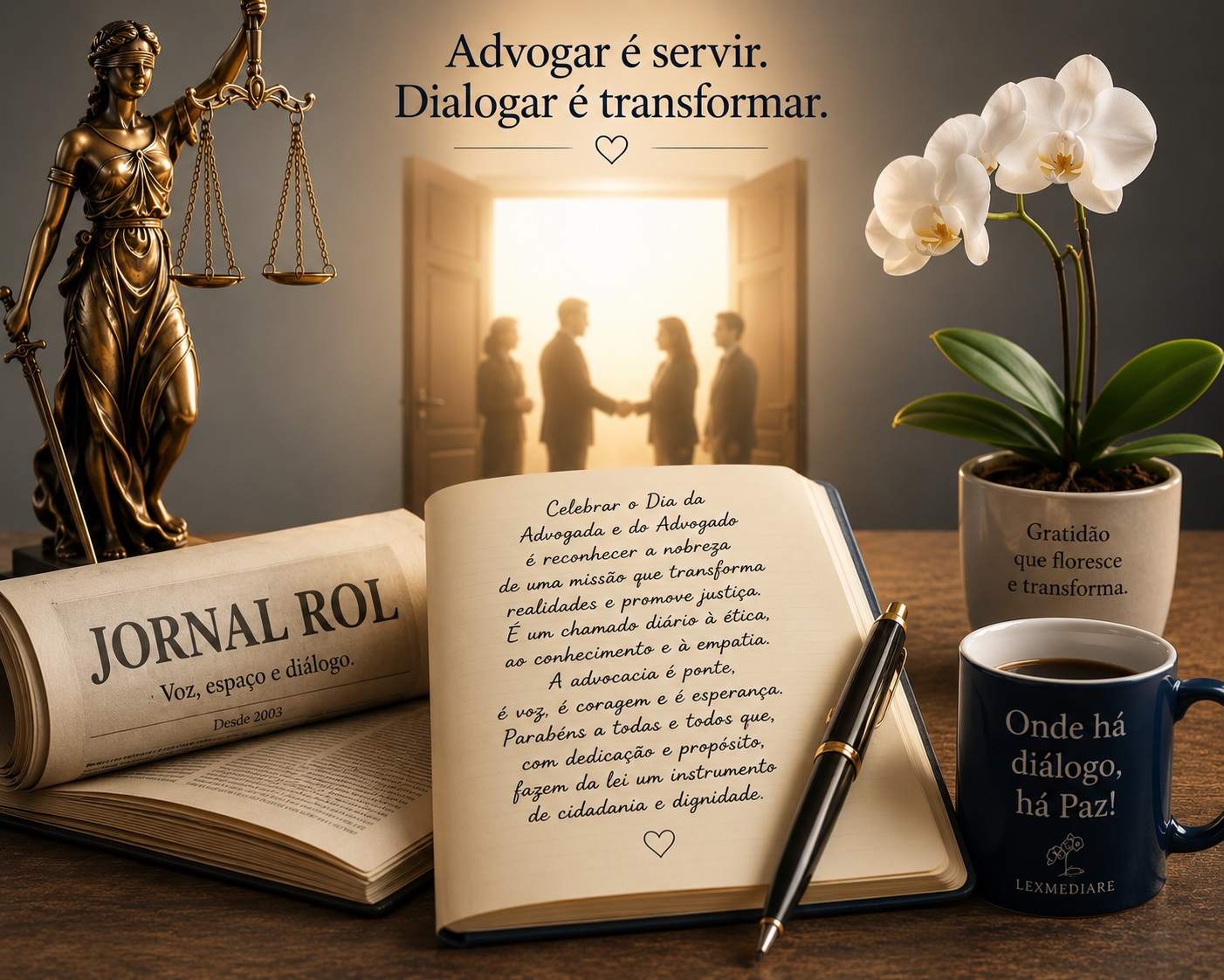 Imagem comemorativa do Dia do Advogado para o Jornal ROL. Sobre uma mesa, um livro aberto com mensagem manuscrita, uma estátua da Justiça à esquerda com o jornal impresso, e uma caneca com uma orquídea à direita. Ao fundo, uma porta aberta iluminada mostra silhuetas de pessoas e a frase: "Advogar é servir. Dialogar é transformar
